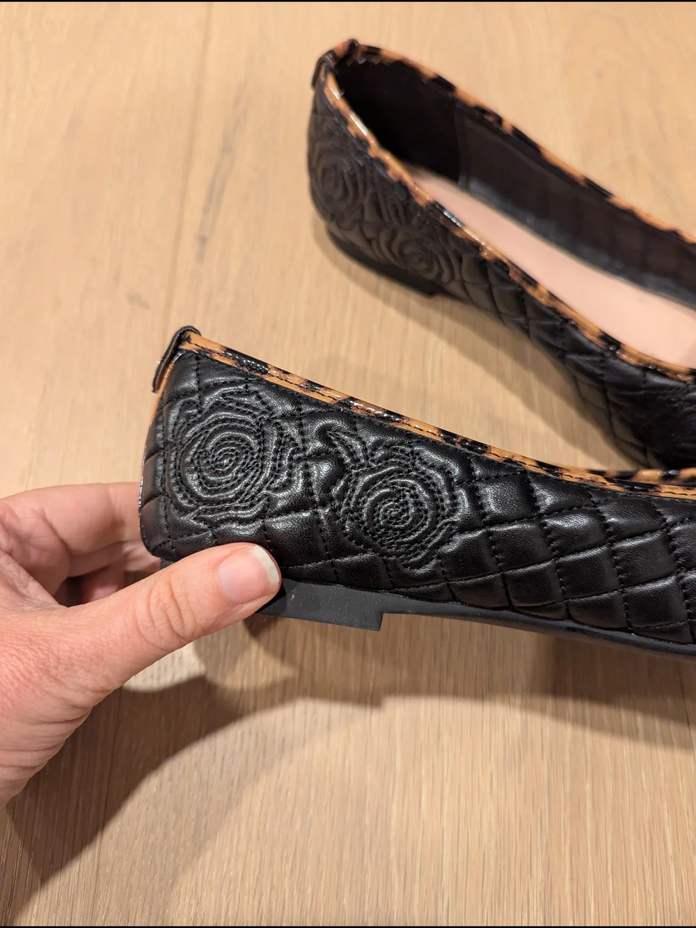 Taryn Rose Quilted Black Flats with Leopard Cap Toe